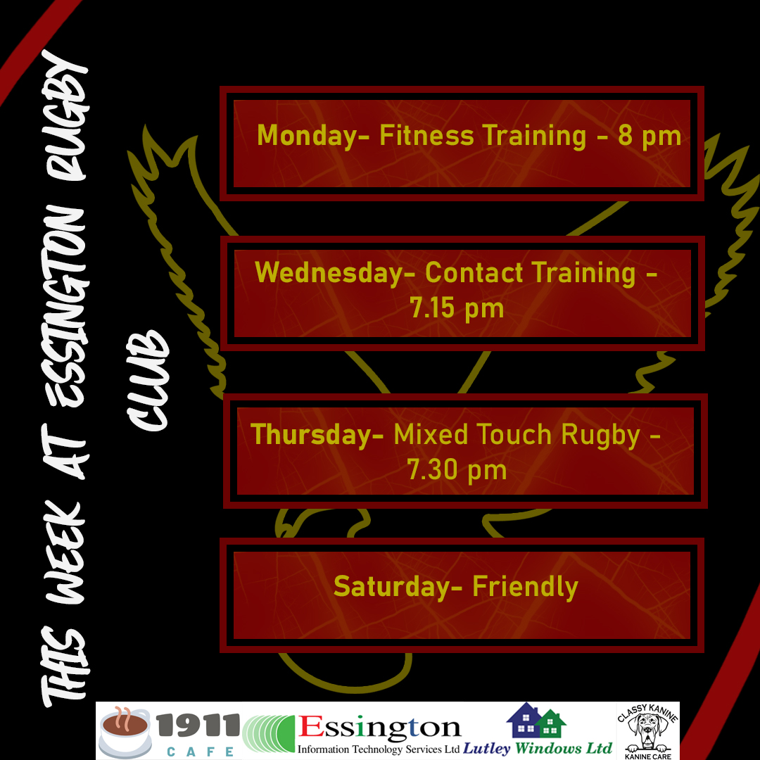 EssingtonRUFC's tweet photo. 𝑴𝒐𝒏𝒅𝒂𝒚- Fitness Training at 8pm
𝑾𝒆𝒅𝒏𝒆𝒔𝒅𝒂𝒚 - Contact Rugby Training at 7.15pm
𝑻𝒉𝒖𝒓𝒔𝒅𝒂𝒚- Mixed touch rugby Training at 7.30pm
𝑺𝒂𝒕𝒖𝒓𝒅𝒂𝒚- Essington are looking to put out a mixed/2nds team in a friendly fixture. If you would like to play let us know. https://t.co/BBnlrHZfQm