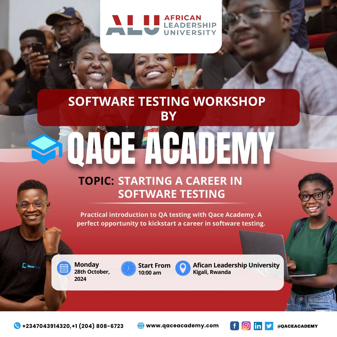 Qace Academy (@qace_academy) on Twitter photo Join us for an exciting Software Testing Workshop in <a href="/alueducation/">African Leadership University</a>, designed to introduce students like ๐ฌ๐ข๐จ to the world of Software Testing โ one of the fastest-growing fields in the tech industry
๐ง๐ต๐ฒ๐บ๐ฒ: Starting a Career in Software Testing
๐๐ฎ๐๐ฒ: 28th October 2024 Join us for an exciting Software Testing Workshop in <a href="/alueducation/">African Leadership University</a>, designed to introduce students like ๐ฌ๐ข๐จ to the world of Software Testing โ one of the fastest-growing fields in the tech industry
๐ง๐ต๐ฒ๐บ๐ฒ: Starting a Career in Software Testing
๐๐ฎ๐๐ฒ: 28th October 2024