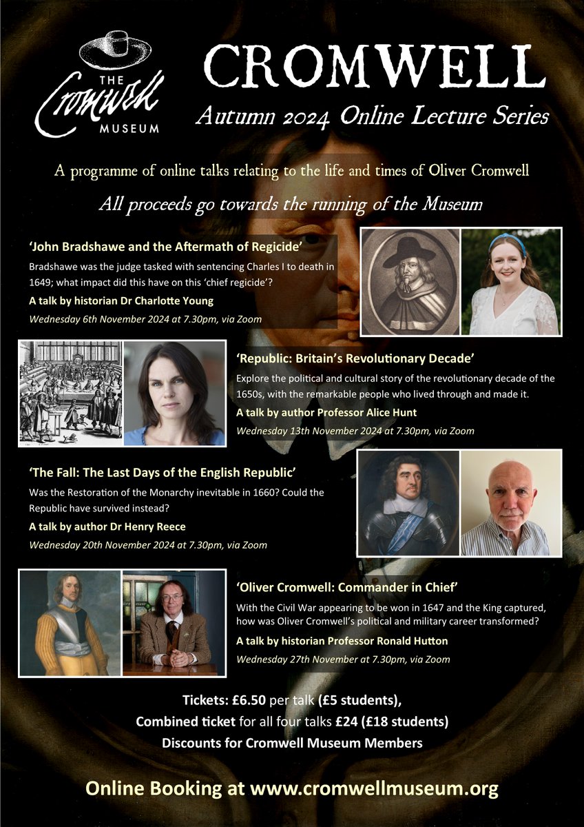 Just over a week until the first of our autumn online lecture series, talks by Zoom by leading #17thCentury historians (and recordings for ticket holders too). 😀Talks over November by <a href="/charlie_l_y/">Dr Charlotte Parsonson-Young</a>, <a href="/amm_hunt/">Alice Hunt</a>, Henry Reece and Ronald Hutton. Details at: cromwellmuseum.org/events/cromwel…