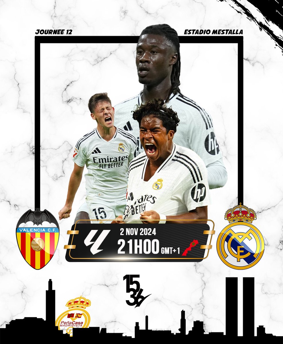 🚨🚨🚨 JOUR DE MATCH 🚨🚨🚨
⚽️ Valence 🆚 Real Madrid
🏆 La Liga
🎬 Journée 12
🏟 Mestalla
📅 2/11/2024
🕒 21h00 GMT 🇲🇦
#HalaMadrid 🔱
#Aporla37