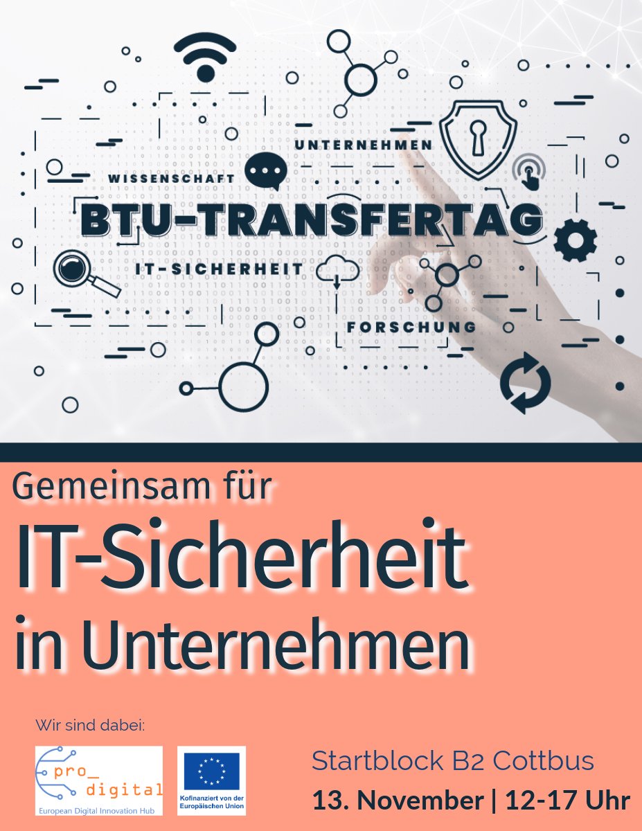 Jetzt anmelden: BTU Transfertag am 13. November in Cottbus.
tinyurl.com/ykcmwutg
<a href="/btu/">btu</a> @wfbb @mingentec <a href="/edih_net/">European Digital Innovation Hubs Network</a> <a href="/ZentrumCB/">Mittelstand-Digital Zentrum Spreeland</a>