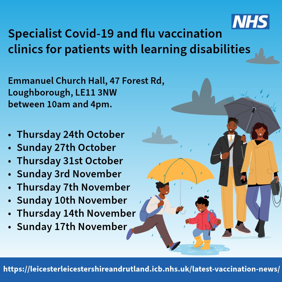 There are still plenty of opportunities to attend our dedicated vaccination clinics for people with a learning disability (aged 12 and over).

Book an appointment in our friendly environment by calling 0116 497 5700 option 1.

Find out more: buff.ly/3zSUaf3