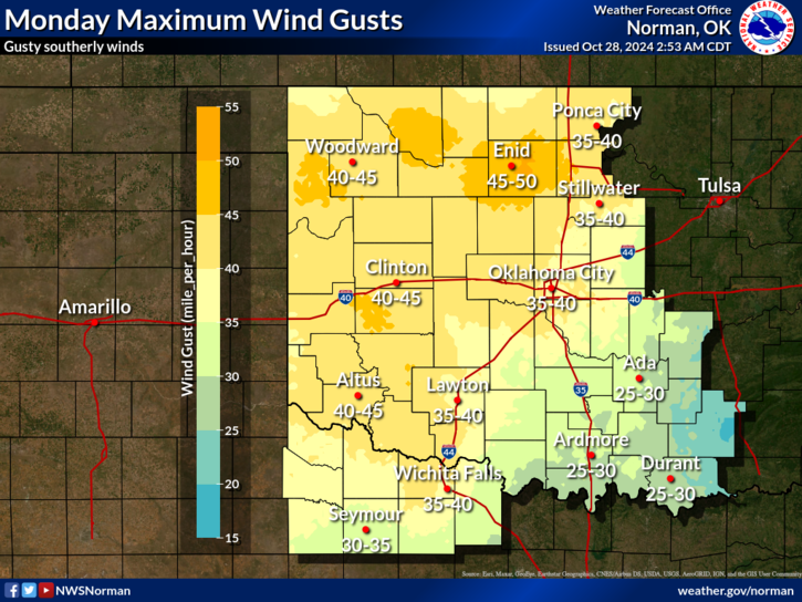 NWSNorman's tweet photo. Dangerous fire weather conditions are expected today across a large portion of the area. Winds will be gusty, RH values will be low, and vegetation is already very dry. Make sure you are doing your part to prevent fires from starting! #okwx #txwx https://t.co/wjXGuBZZM6