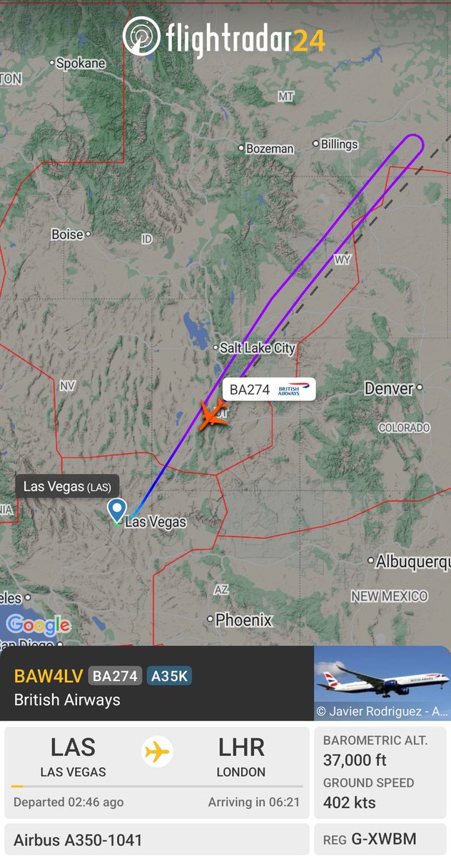 flightradar24's tweet photo. British Airways flight #BA274 made a U-turn over Montana and is returning to Las Vegas.
The reason is currently unknown. https://t.co/BFIjrwTXom