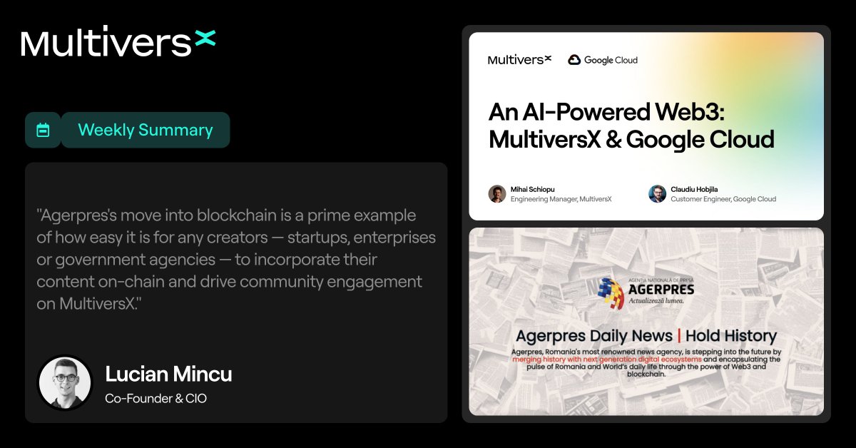 MultiversX's tweet image. Last week in $EGLD 🌏

🗞 National press agency uses NFTs for daily news brief
☁️ Fireside chat with @googlecloud
🇩🇪 xDay Munich agenda &amp;amp; speaker lineup
📺 Full Shard Podcast Ep. 02: Founder Mode
🛠 Weekly #multiversxtech
🔮 Prediction markets via @Official_NODO
✨ Spica protocol…
