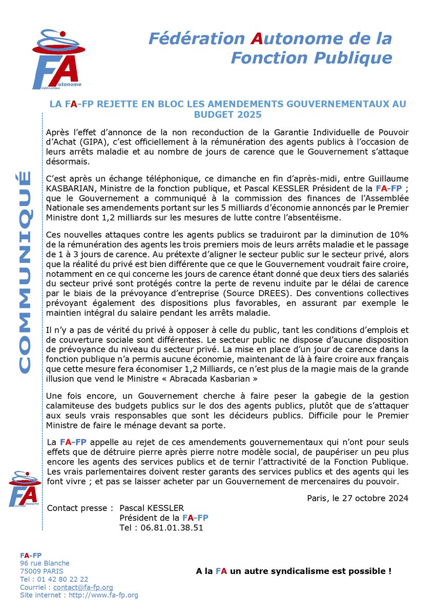 FederationAuto's tweet image. Baisse du traitement des agents en arrêts maladie trois #joursdecarence le @gouvernementFR  et @guillaumekasba s'attaquent une nouvelle fois aux #agentspublics la @FederationAuto rejette en bloc les amendements gouvernementaux au #PLF2025