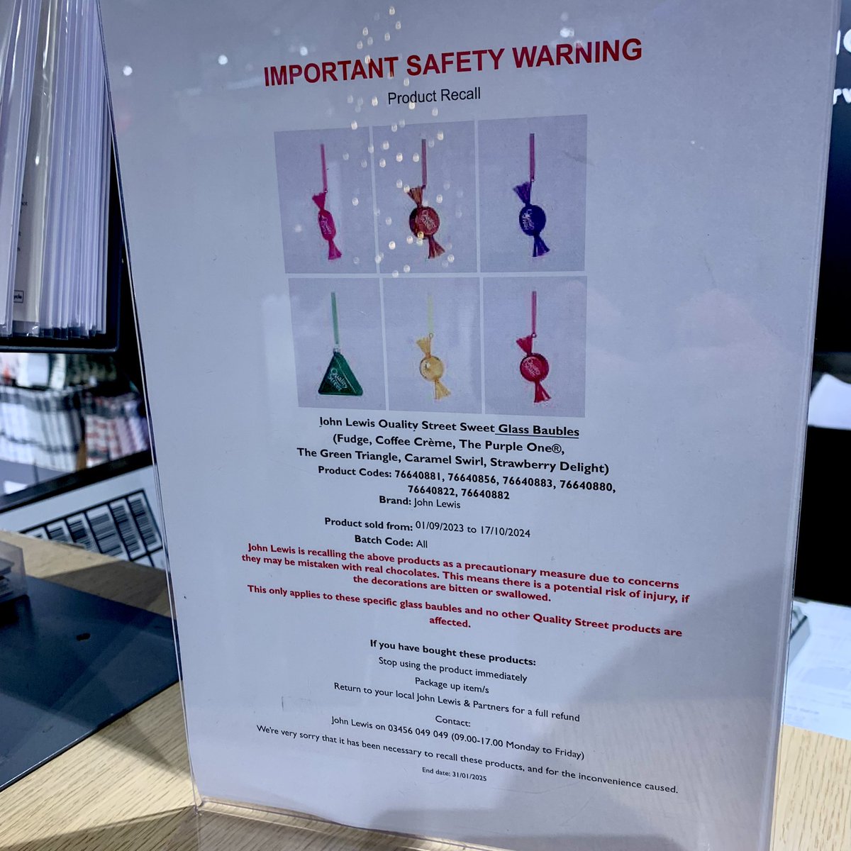 Thomas Anderson (@thomasianderson) on Twitter photo I spotted this in <a href="/JohnLewisRetail/">John Lewis & Partners</a> yesterday. Their #QualityStreet Christmas tree baubles have been recalled due to the risk of them being mistaken for real chocolates. You’d think people would at least try to remove the wrapper before taking a bite. Madness! I spotted this in <a href="/JohnLewisRetail/">John Lewis & Partners</a> yesterday. Their #QualityStreet Christmas tree baubles have been recalled due to the risk of them being mistaken for real chocolates. You’d think people would at least try to remove the wrapper before taking a bite. Madness!