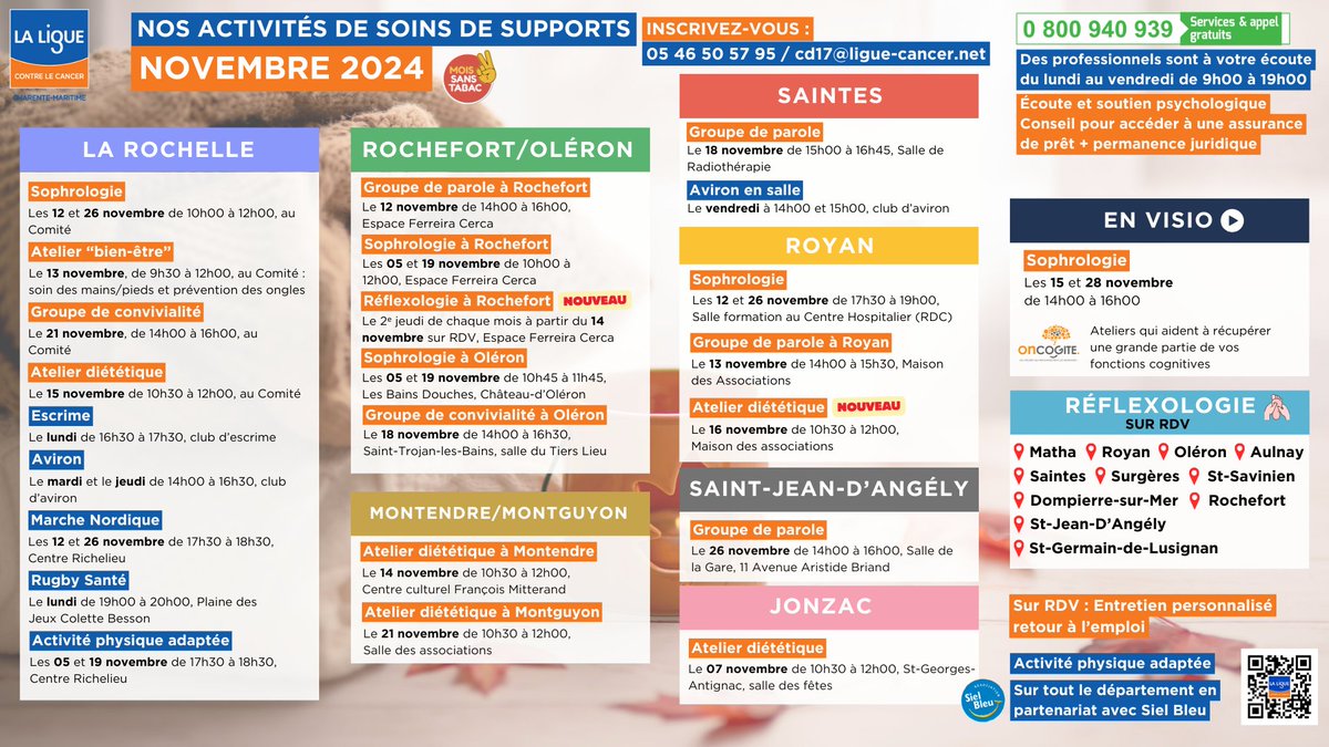 Voici le calendrier de nos activités du mois de novembre 2024 ! 📅​

Nouveautés : De la réflexologie à Rochefort et des ateliers diététiques à Royan !

Inscriptions au 05 46 50 57 95 ou cd17@ligue-cancer.net (à partir du 04 novembre, au retour de congés de notre coordinatrice).