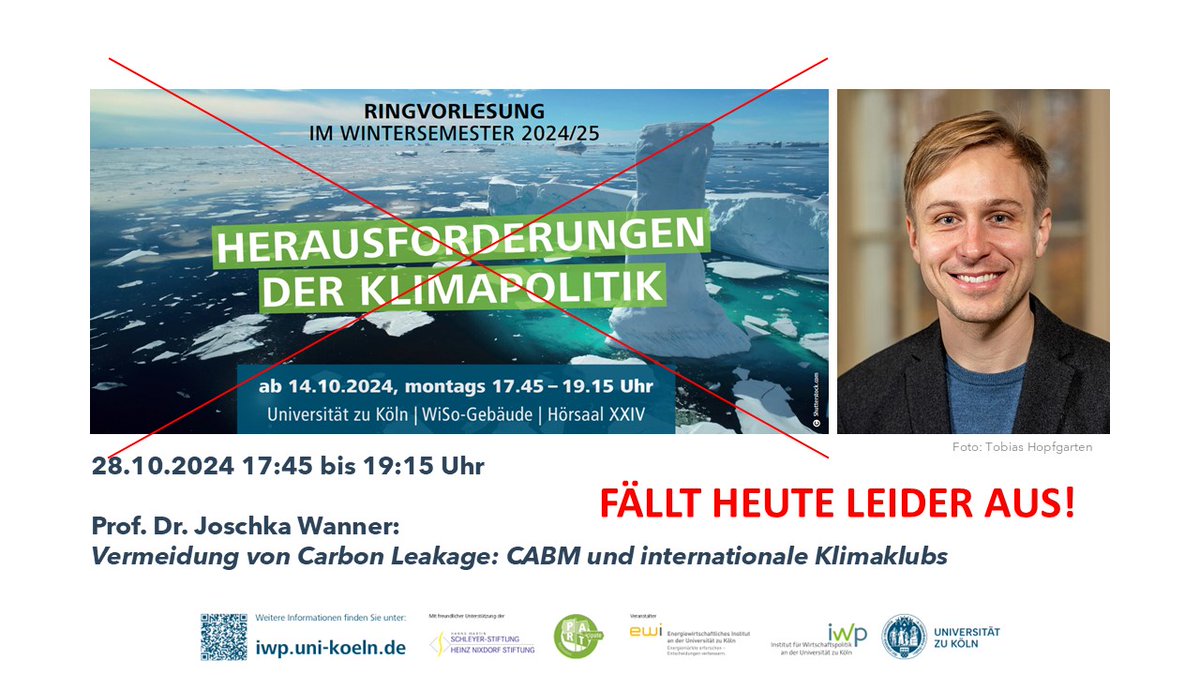 WICHTIGE INFO: Unsere Ringvorlesung Herausforderungen der #Klimapolitik fällt heute aus. Unser Referent @JoschkaWanner kann krankheitsbedingt leider nicht erscheinen. Wir wünschen eine schnelle Genesung und alles Gute!