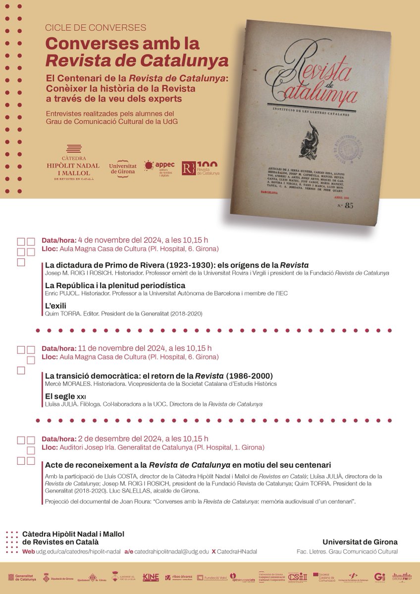 Lluís Costa (@costalluis) on Twitter photo Des de la <a href="/CatedraHNadal/">Càtedra Hipòlit Nadal de Revistes en Català</a> treballem en el projecte “Converses amb la Revista de Catalunya”, en motiu del centenari de la <a href="/RevistaCat/">Revista de Catalunya</a>. Estudiants de <a href="/univgirona/">Universitat de Girona</a> han fet una immersió en la Revista i entrevistaran als seus protagonistes. L’acte és obert a tothom. Us hi esperem. Des de la <a href="/CatedraHNadal/">Càtedra Hipòlit Nadal de Revistes en Català</a> treballem en el projecte “Converses amb la Revista de Catalunya”, en motiu del centenari de la <a href="/RevistaCat/">Revista de Catalunya</a>. Estudiants de <a href="/univgirona/">Universitat de Girona</a> han fet una immersió en la Revista i entrevistaran als seus protagonistes. L’acte és obert a tothom. Us hi esperem.