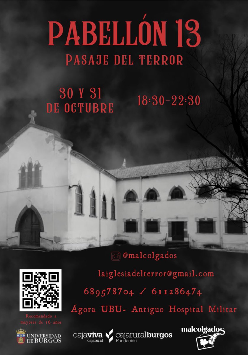 #Agenda_UBU| ¡Llega Pabellón 13, el Pasaje del Terror!

• Miércoles 30 y jueves 31 de octubre
• De 18:30 a 22:30
• Ágora UBU - Antiguo Hospital Militar

Organizan <a href="/UBUEstudiantes/">Universidad Burgos</a> y patrocina <a href="/fundcajaruralbu/">Fundación Caja Rural Burgos</a> 

►docs.google.com/forms/d/e/1FAI…