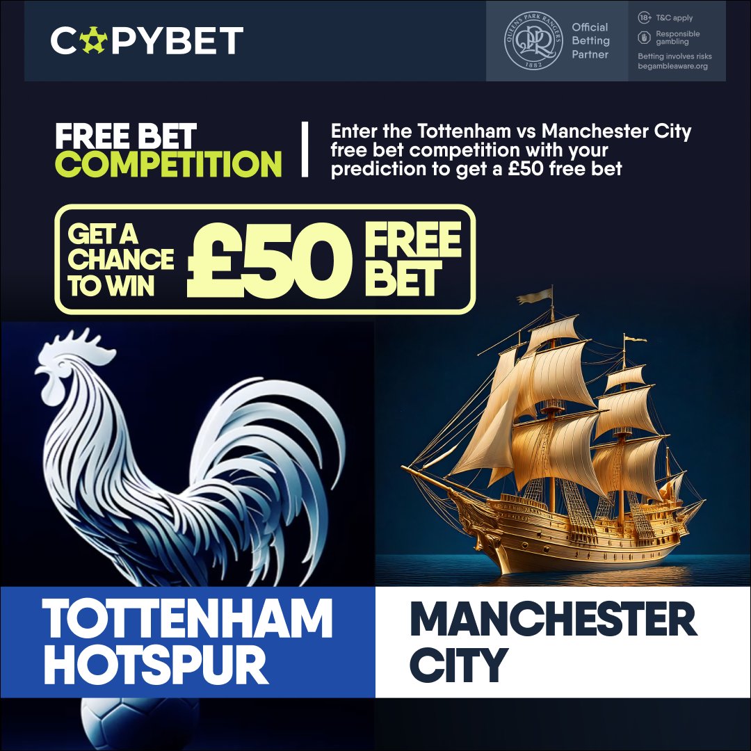 🚨| Chance to WIN a £50 free bet   

To enter:  

✅ Follow: @CopyBetUK_IRE
✅ Repost this post 
✅ Comment with who you think will win this week's Carabao Cup tie between Tottenham and Manchester City. 

18+. UK residents only. One entry per account. Closes 5pm, Oct 30. Winner
