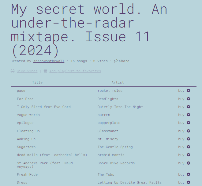shadowonthewall (@theshadowonthe) on Twitter photo My Secret World. Issue 11. Our latest playlist is out! Link: bndcmpr.co/f920fd4c Featuring:
<a href="/DREAMWAVES_JP/">DREAMWAVES</a> <a href="/spiritgoth/">Spirit Goth Records</a> <a href="/glassmanetmusic/">Glassmanet</a>
<a href="/mtmiseryband/">Mt. Misery</a> <a href="/SkepWax/">Skep Wax Records</a> <a href="/latesummersun/">orchid mantis</a>
@shorediverecord @trouble_in_mind <a href="/LettingUp/">Letting Up Despite Great Faults</a>
and more! #indie #Shoegaze #dreampop #tweepop #C86 #NP My Secret World. Issue 11. Our latest playlist is out! Link: bndcmpr.co/f920fd4c Featuring:
<a href="/DREAMWAVES_JP/">DREAMWAVES</a> <a href="/spiritgoth/">Spirit Goth Records</a> <a href="/glassmanetmusic/">Glassmanet</a>
<a href="/mtmiseryband/">Mt. Misery</a> <a href="/SkepWax/">Skep Wax Records</a> <a href="/latesummersun/">orchid mantis</a>
@shorediverecord @trouble_in_mind <a href="/LettingUp/">Letting Up Despite Great Faults</a>
and more! #indie #Shoegaze #dreampop #tweepop #C86 #NP