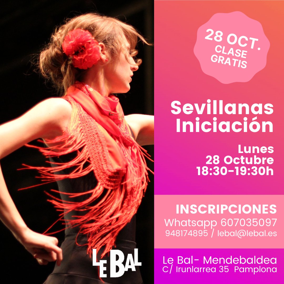 escuelalebal's tweet photo. SEVILLANAS INICIACIÓN en Le Bal Mendebaldea (Calle Irunlarrea 35 Pamplona).
➡️CLASE DE PRUEBA GRATIS EL LUNES 28 OCT DE 18:30 A 19:30H.
✍️INSCRIPCIONES: Whatsapp al 607035097 / 948174895 / lebal@lebal.es

#sevillanas #pamplona https://t.co/Sbv0VRtaDx
