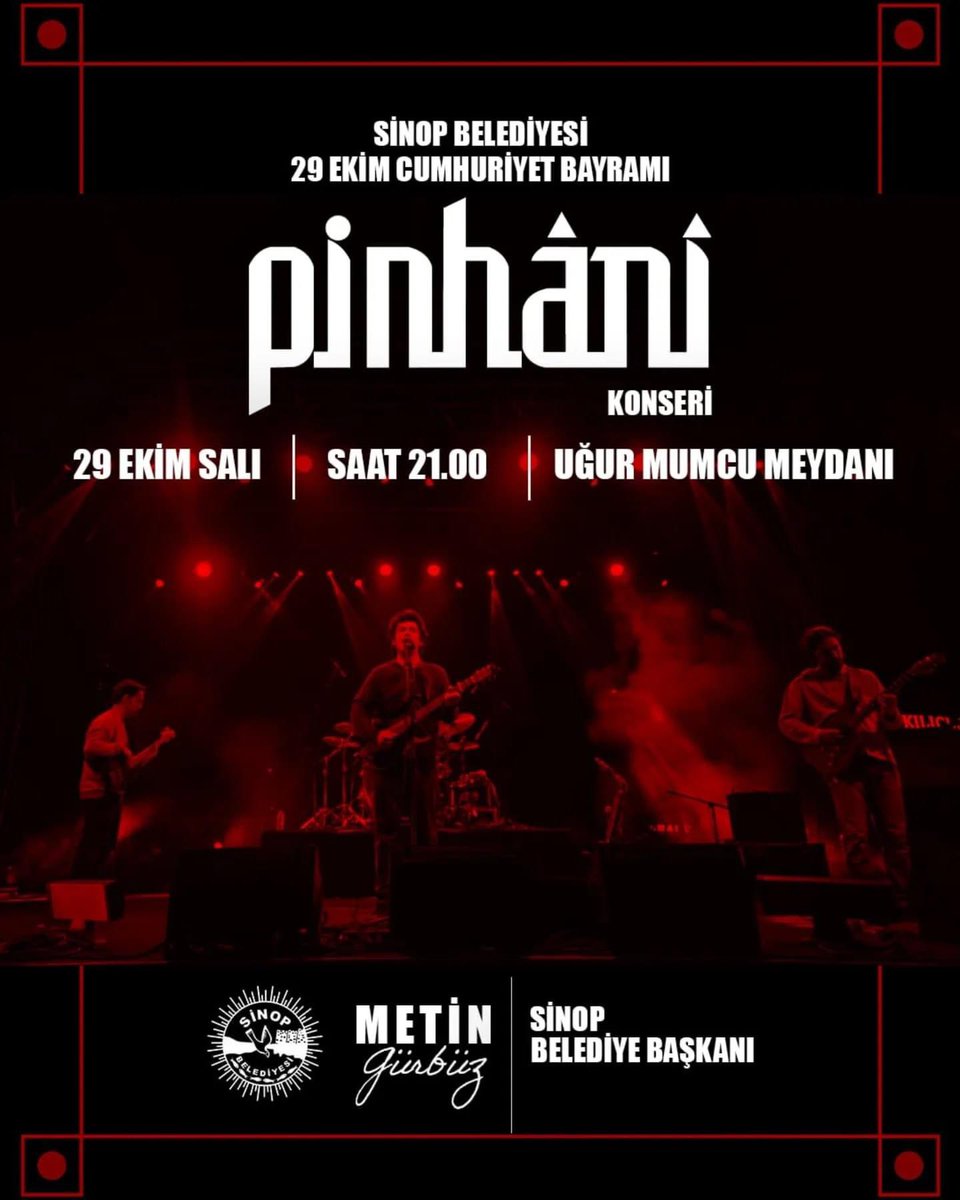 🇹🇷29 Ekim Cumhuriyet Bayramı coşkumuzu Pinhani konseriyle katlıyoruz! 

🎵Meydanda buluşalım, bayram coşkusunu hep birlikte yaşayalım🎶

📍Uğur Mumcu Meydanı
⌚️21:00