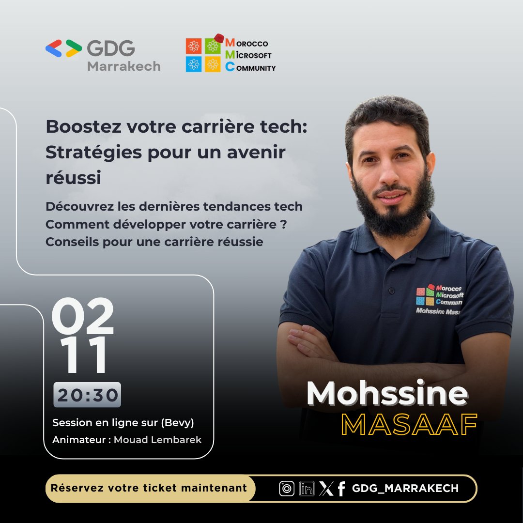GDG_Marrakech's tweet photo. 🌐 GDG Marrakech - Tech Talk avec @MasaafMohssine

Nous vous invitons à un moment inspirant avec Mohssine Masaaf, expert de renom en technologie.

📅 Date : 2 novembre, 20:30 GMT+1
🎟️ Inscription : RSVP via le link https://t.co/kRrJYaCFdF
🟢🟡🔵🔴 https://t.co/s4OCD5kkbu