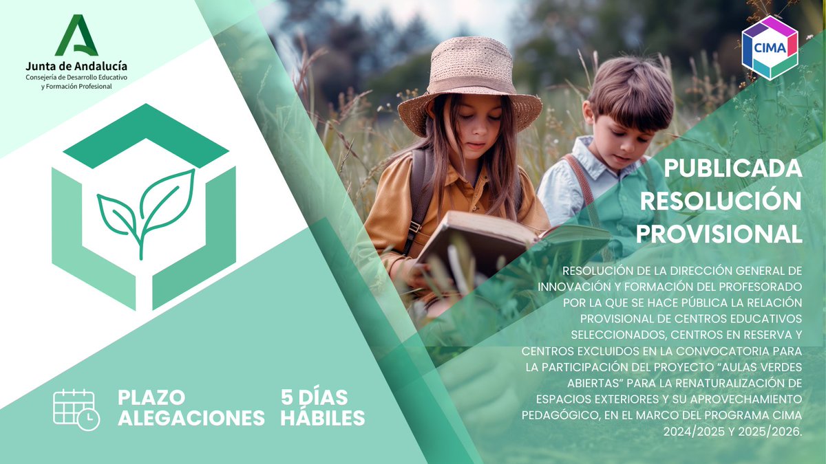 🔎Publicada la Resolución por la que se aprueba la relación provisional de centros seleccionados, en reserva y excluidos en la convocatoria del Proyecto "Aulas Verdes Abiertas" 24-25.

🗓️ Alegaciones: 5 días hábiles

Consulta las listas aquí 👇

lajunta.es/55dxd

<a href="/EducaAnd/">Consejería Desarrollo Educativo y FP</a>