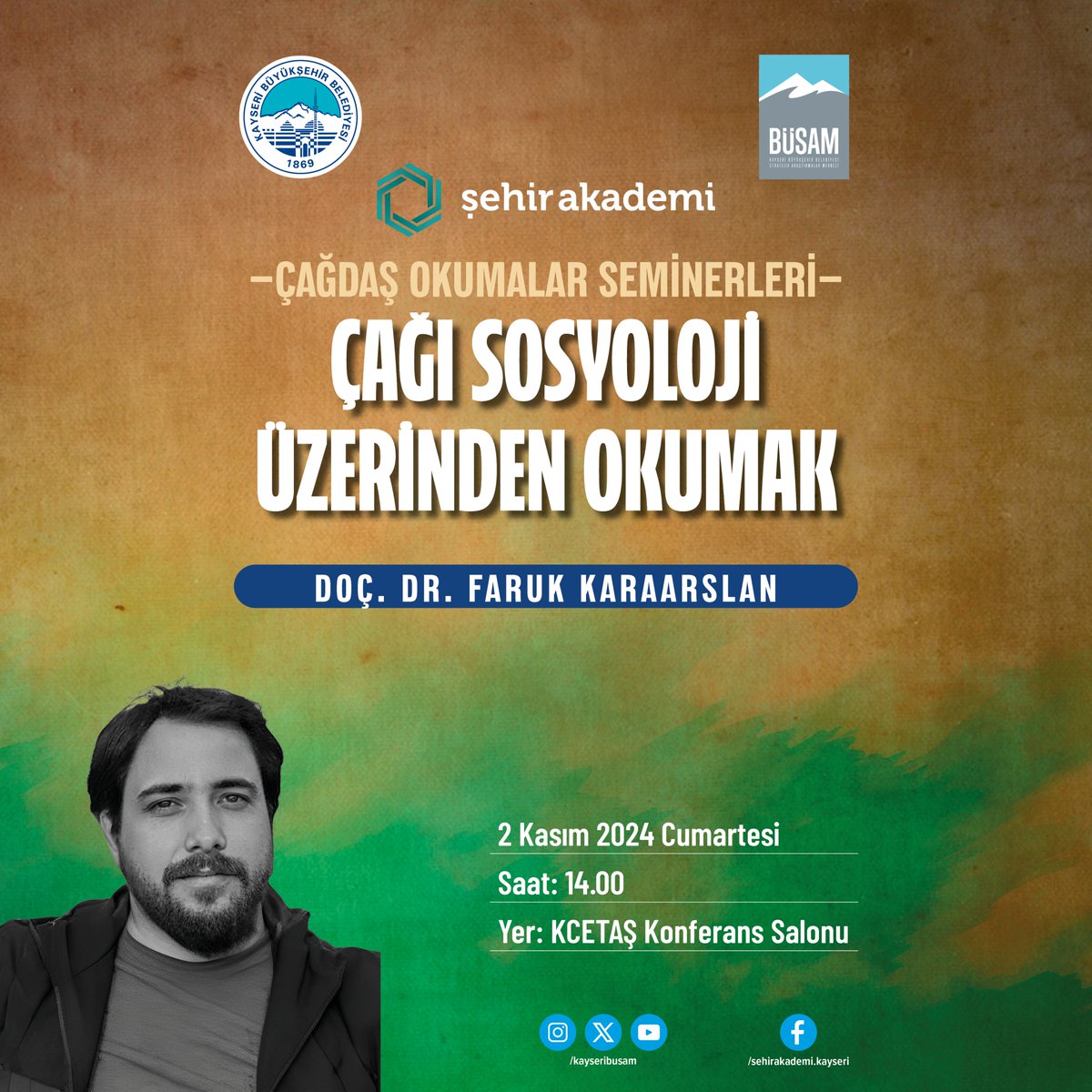 Şehir Akademi Çağdaş Okumalar Seminerlerinde bu hafta!

"Çağı Sosyoloji Üzerinden Okumak"
Doç. Dr. Faruk Karaarslan

2 Kasım 2024 Cumartesi / 14.00 
KCETAŞ Konferans Salonu