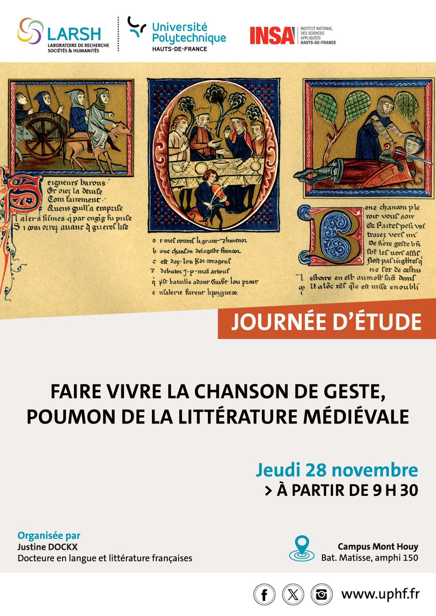 ➡️Journée d'étude
"Faire vivre la chanson de geste, poumon de la littérature mediévale"

🗓️28 novembre à partir de 9h30
📍Campus Mont Houy, Bât Matisse, Amphi 150

ℹ️uphf.fr/larsh/actualit…