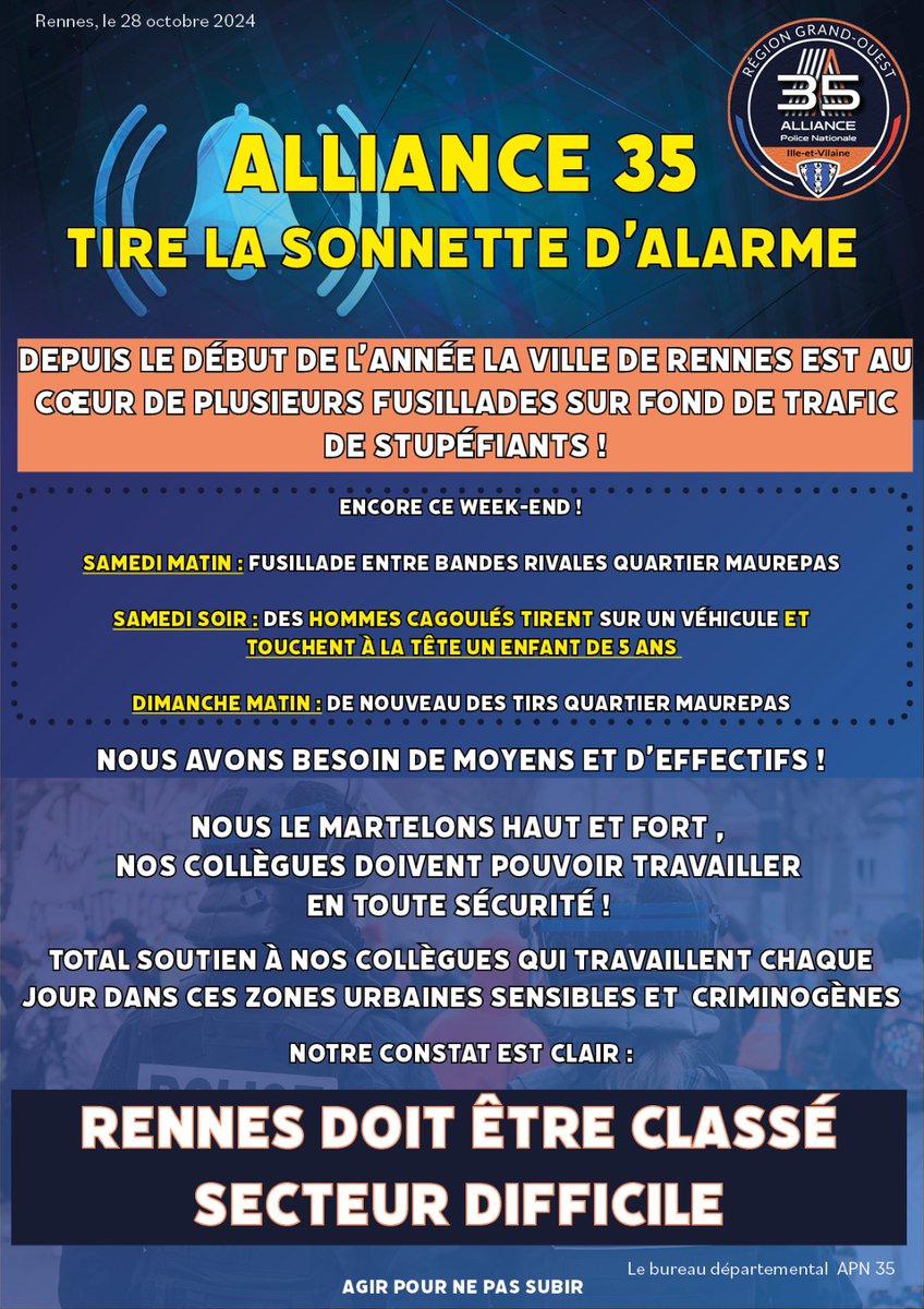 AlliancePN35's tweet photo. #Rennes est au cœur de plusieurs fusillades sur fond de trafic de stupéfiants depuis plusieurs mois !
Plus de moyens, plus d'#effectifs!
#journal #Arme #Fusillade #Teamapn
#Bretagne #Stup #deal #Securité #FDO
@alliancepolice @AlliancePNouest @bretagnegouv @PoliceNat35 https://t.co/2hulYL23IX