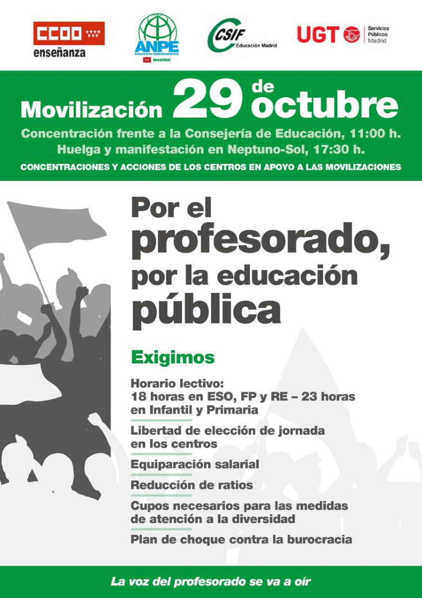🟢 El martes #29oct, a las 17:30, volvemos a las calles en defensa de la Educación Pública.

⚠️ El gobierno de Ayuso sigue asfixiando y desmantelando la #EducaciónPública.

🟪Podemos #Parla apoyamos las reivindicaciones y acudiremos a la Manifestación convocada por los sindicatos