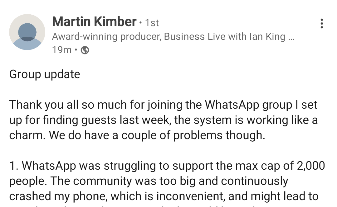 SimonHuntCityAM's tweet photo. Creating a WhatsApp group for PRs. How it started | how it's going https://t.co/9vKW9Hk97e
