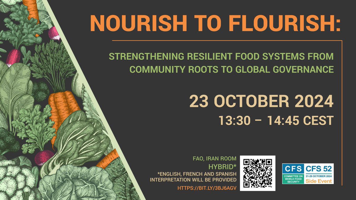 SUNCSN's tweet photo. On #WorldFoodDay2024, @SUNCSN emphasizes that resilient #foodsystems can be cultivated from the ground up. How?
Find out at this #CFS52 Side Event!
#NourishtoFlourish will showcase success stories & dive into the challenges of making food sovereignty a reality.
#50YearsOfCFS https://t.co/IclK1u1HJ8
