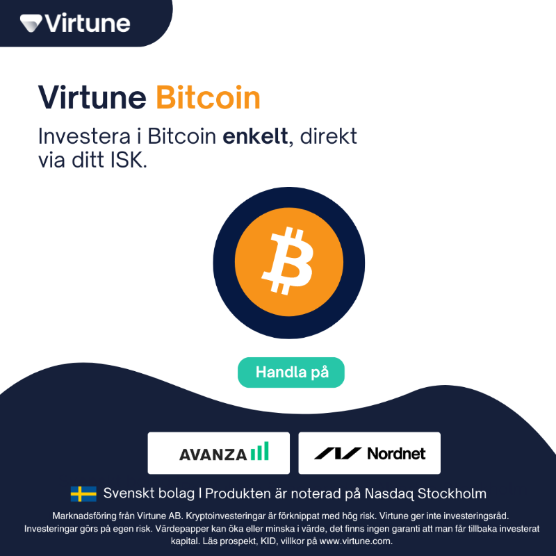 VirtuneAB's tweet photo. Upptäck Virtune Bitcoin ETP, noterad på Nasdaq Stockholm. Nu gör vi det möjligt för dig att investera i en svensk reglerad Bitcoin ETP via ditt ISK.