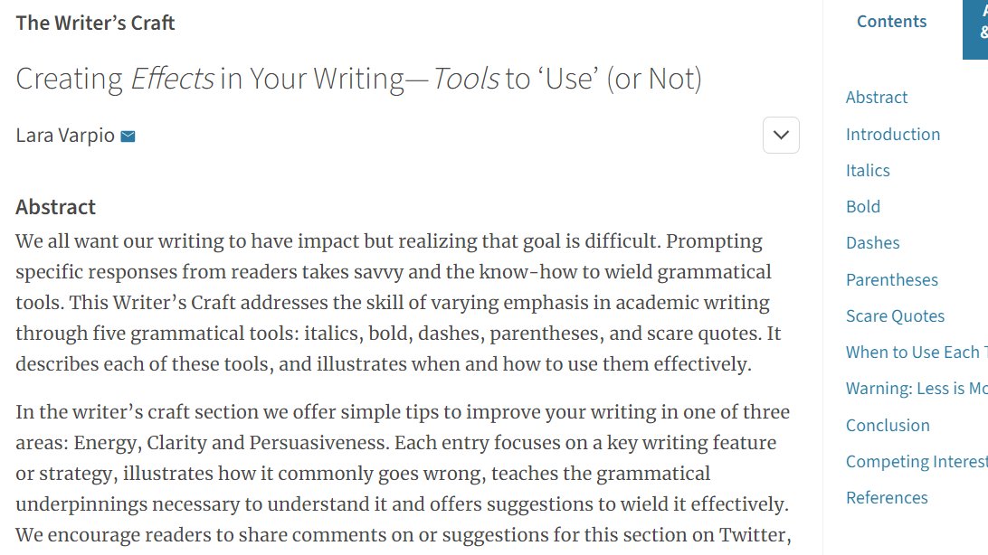 Anthony R Artino Jr (@mededdoc) on Twitter photo Cool new article by <a href="/LaraVarpio/">Dr. Lara Varpio</a> in <a href="/pmeded/">Perspectives (PME)</a>'s Writer's Craft series. Turns out, I may have been using some of these tools -- like italics, bolding, and (parentheses) -- in the wrong way all this time! 🤪 #MedEd
Creating Effects in Your Writing—Tools to ‘Use’ (or Not) | Cool new article by <a href="/LaraVarpio/">Dr. Lara Varpio</a> in <a href="/pmeded/">Perspectives (PME)</a>'s Writer's Craft series. Turns out, I may have been using some of these tools -- like italics, bolding, and (parentheses) -- in the wrong way all this time! 🤪 #MedEd
Creating Effects in Your Writing—Tools to ‘Use’ (or Not) |