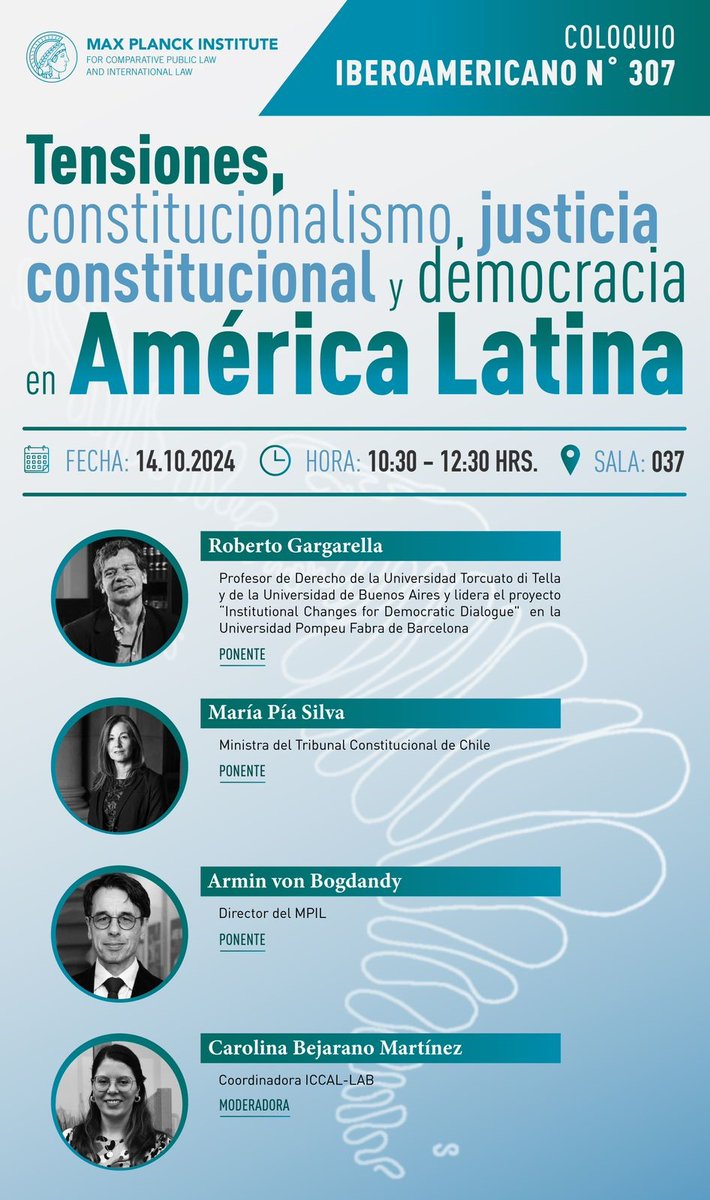 MPILheidelberg's tweet image. 🌎⚖️ Gran debate este lunes en el Coloquio Iberoamericano n°307: @Rgargarella, María Pía Silva, Armin von Bogdandy &amp;amp; Carolina Bejarano Martínez discutieron el tema de "Tensiones, constitucionalismo, justicia constitucional y democracia en América Latina". #ICCAL