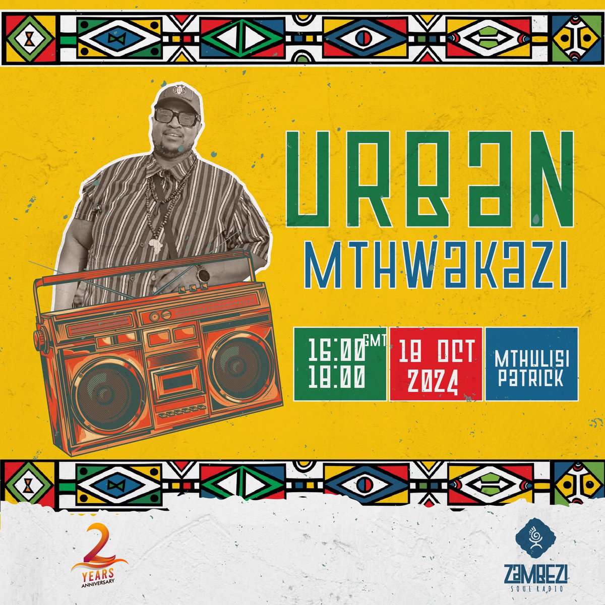 @ZambeziSoulRadio turns 2! 🎉

Join <a href="/mthulisipatrick/">M.Patrick</a>  this Friday from 16:00 - 18:00 for Urban Mthwakazi – the best of Bulawayo’s urban beats! 

Press play ⬇️

🔗 zambezi-soul.link/C3mMNM
🔗 hearthis.at/zambezi-soul-r…

#UrbanMthwakazi #MPatrick #ZambeziSoulRadio #LetTheMusicFlow