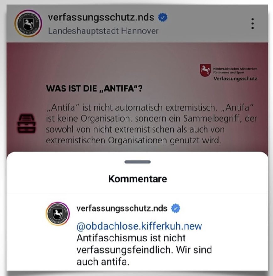 „Wir sind auch Antifa“

Mein Micdrop des Tages geht an den Verfassungsschutz Niedersachsen.

Danke für die Einordnung.

<a href="/LfV_NI/">Verfassungsschutz Niedersachsen</a> 
🎤🤌🙏