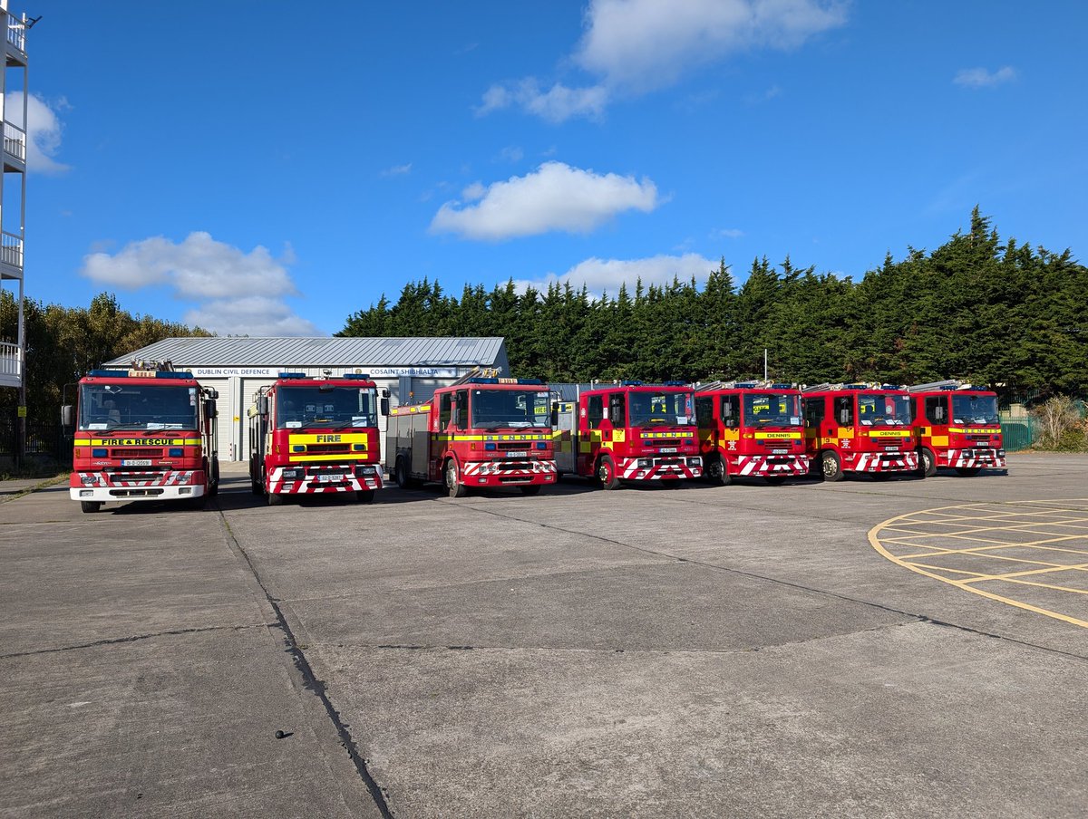 DubFireBrigade's tweet photo. A line of Dennis fire engines for our new #DFBrecruits in Class 2/2024. https://t.co/Rp3X5ftLoL