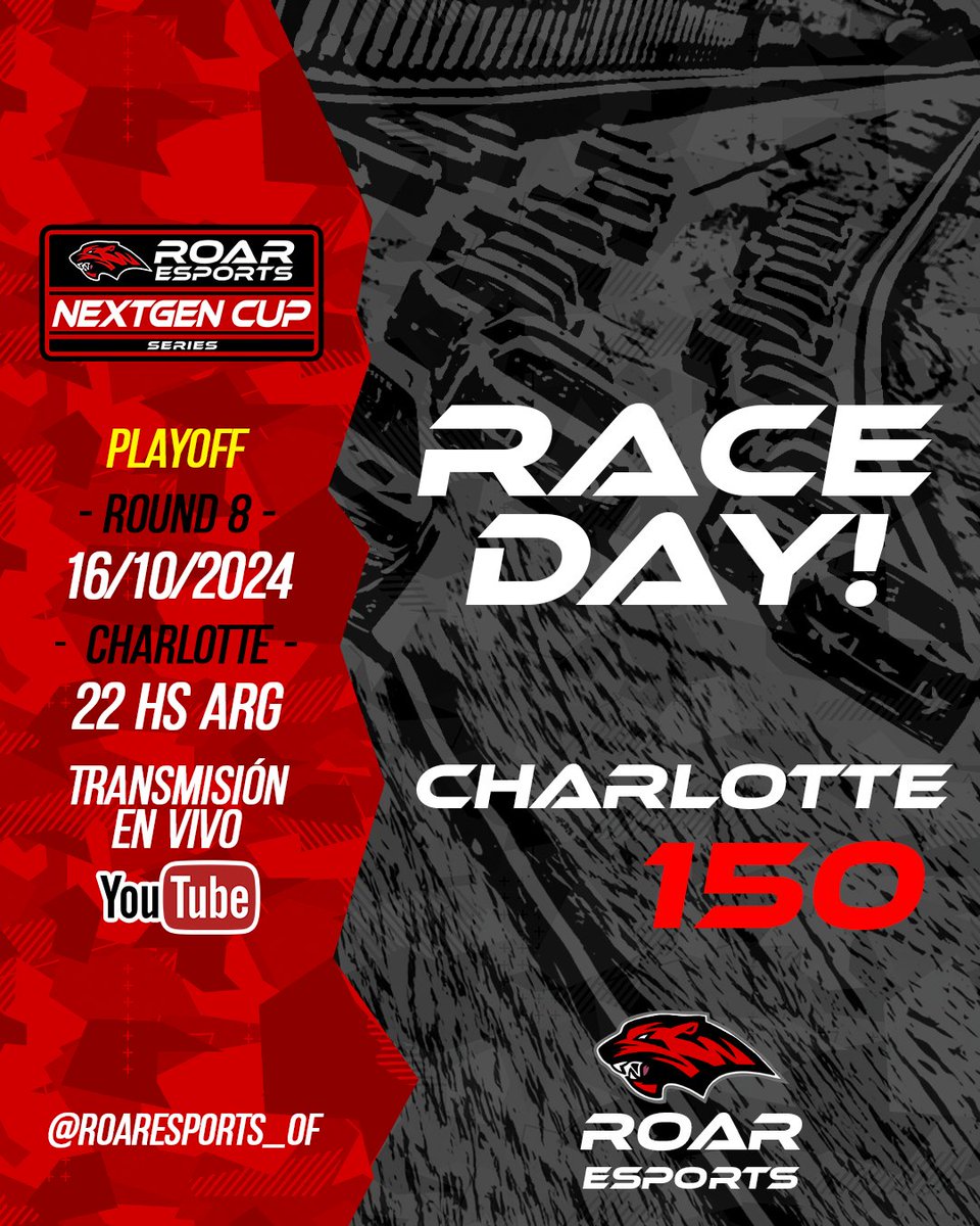 #ROARCUP 🔥NEXT GEN CUP - ROUND 8 - PLAYOFF🔥
Hoy CHARLOTTE para la primer fecha del PLAYOFF🔥

Broadcast / VIVO 👏
youtube.com/live/Tw09Kwhrw…

#iRacing #Oval #NASCAR #enascar #Simracing