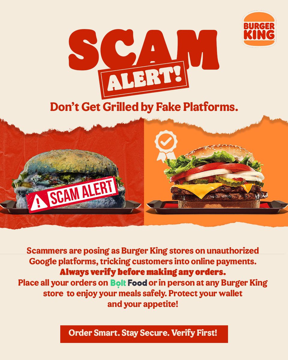 BurgerKingGhana's tweet image. Don’t get grilled by scammers! 🍔⚠️🚨

Place your orders only on the Boltfood  app or visit our stores directly to protect your wallet and appetite! 🔥👑

#burgerkingghana #burgerking  #OrderSmart #StaySecure #VerifyFirst