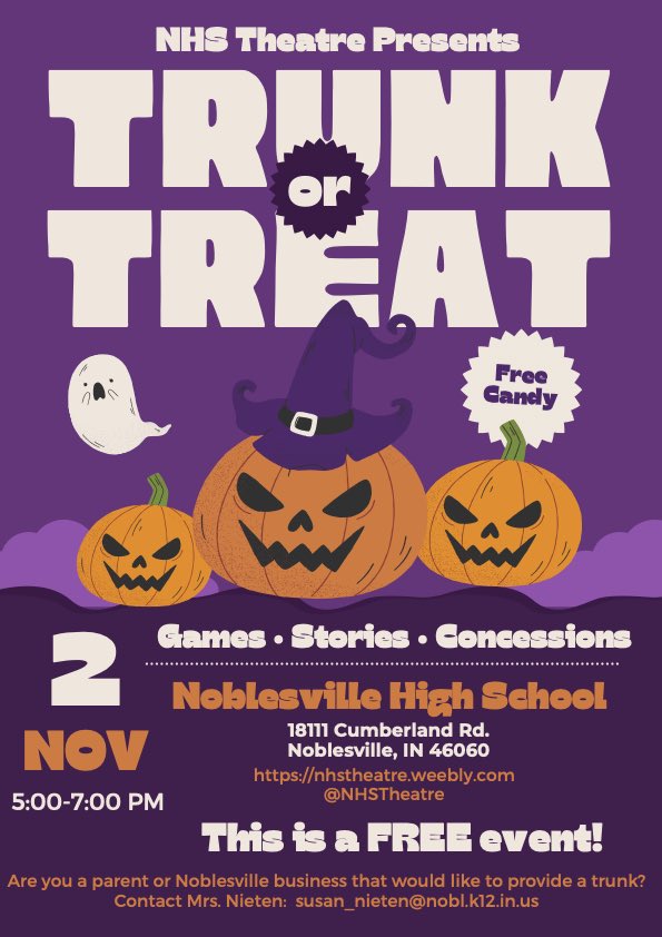SAVE THE DATE:
November 2, 5-7 PM

#NHSTheatre 🎭 
is hosting their annual 
🎃Trunk-or-Treat 🎃 event.

Parents, teachers, staff, &amp; Noblesville Businesses, if you are interested in providing a trunk for this event, email <a href="/mrsnieten/">Mrs. Nieten</a> at susan_nieten@noblesville.k12.in.us