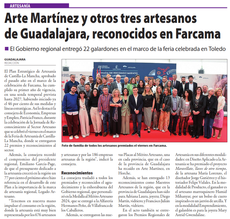 🔊 El taller horchano <a href="/MartinezHorche/">Artemartínez Horche</a> ha sido reconocido este pasado fin de semana en <a href="/FARCAMA/">FARCAMA</a> con una de las cinco Placas al Mérito Artesano entregadas por <a href="/gobjccm/">Gobierno de Castilla-La Mancha</a> 

😍 Es un inmenso orgullo para #Horche y les trasladamos nuestra más cálida enhorabuena por este reconocimiento👏