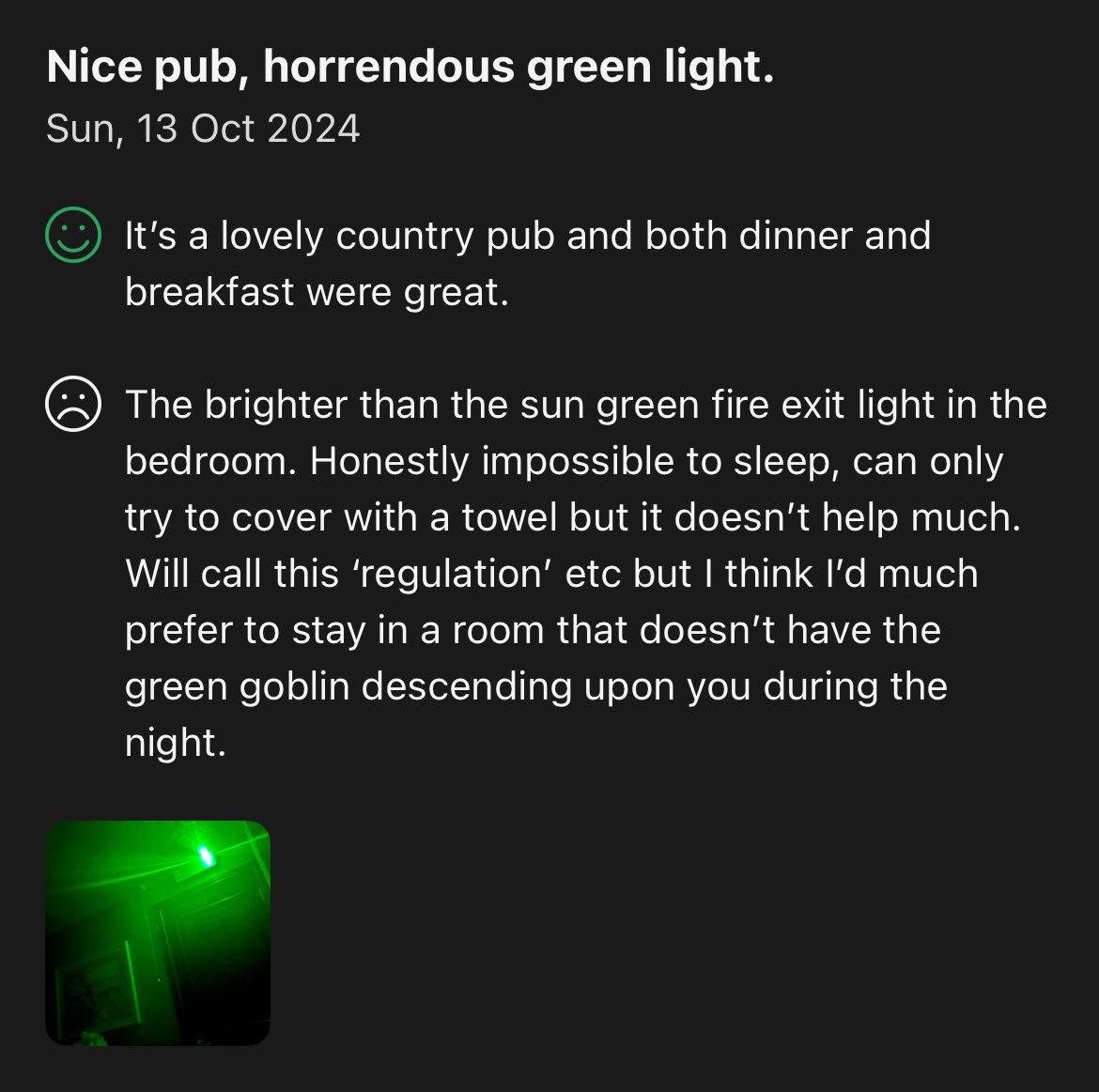 FTWCCPodcast's tweet photo. For anybody that’s listened to this week’s pod. 

This is what Clayts was talking about re: his hotel room last weekend. 

“The green goblin descended from the skies” 

😂😂😂 https://t.co/3x3uz3Rx6W