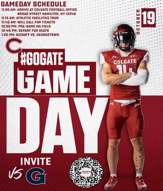 I will be attending <a href="/ColgateFB/">Colgate Football</a> for a game day visit on Oct 19th!! <a href="/Coach_Dakosty/">Stan Dakosty</a> <a href="/Coach_IPace/">Ian Pace</a> <a href="/CoachDAltland/">Devin Altland</a>