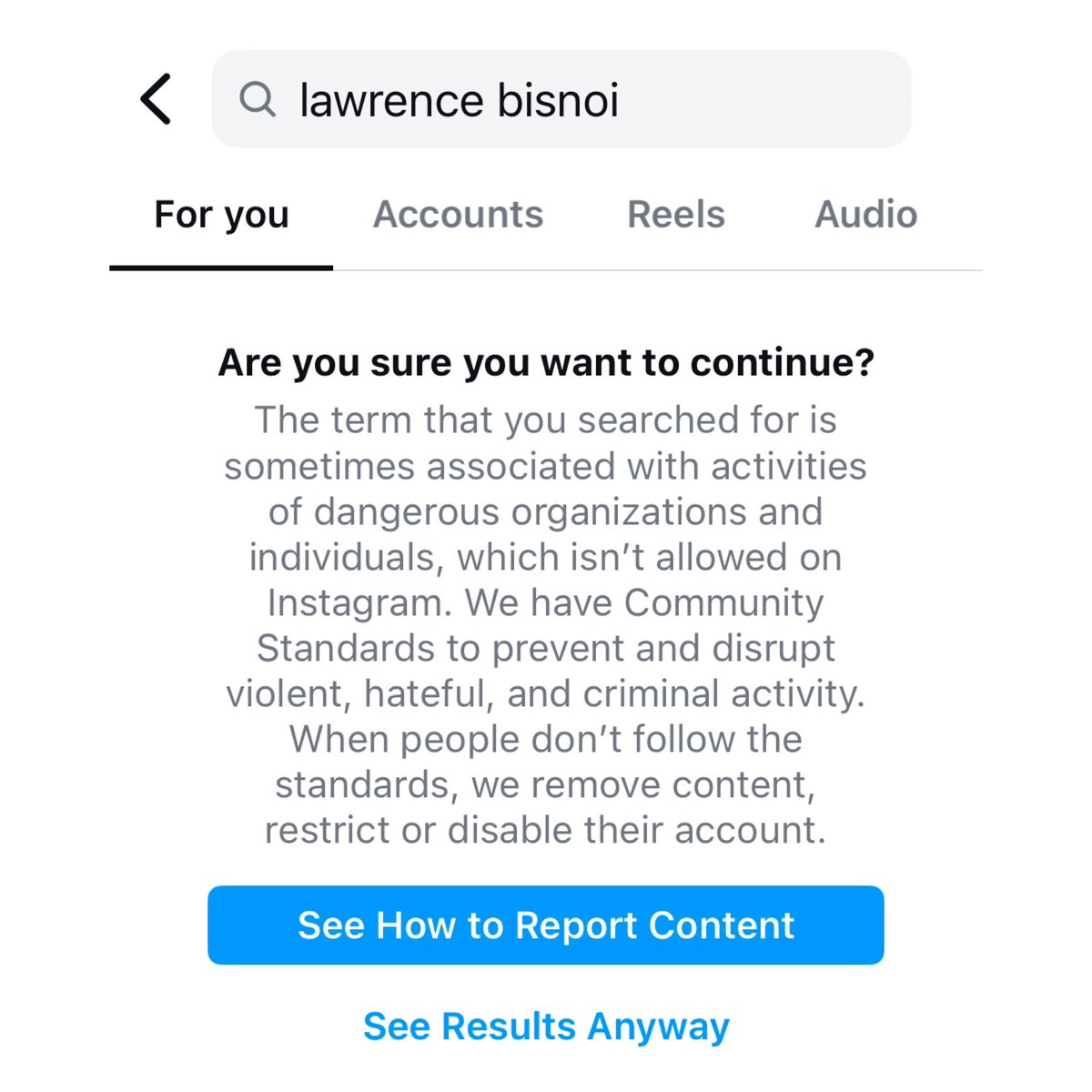 Nikhilsingh21_'s tweet photo. So Now You Cannot Use/ Search The Name Lawrence Bishnoi On Instagram😂
According To Instagram Lawrence Bishnoi Is Associated With Dangerous Organizations But On Other Hand Osama Bin Ladin And Dawood Ibrahim Are Instagram Influencers So No Restrictions😂
#LawrenceBishnoi https://t.co/qV7hV9hTVi