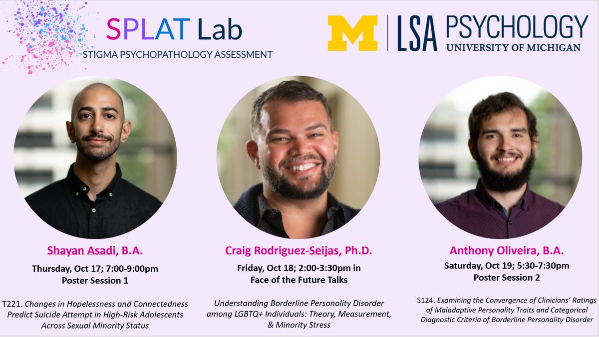 Craig Rodriguez-Seijas, PhD 🇹🇹🏳️🌈 (he/him) (@craiganthonyrs) on Twitter photo <a href="/Haus_of_SPLAT/">Stigma, Psychopathology, & Assessment Lab</a> offerings at <a href="/srp_science/">Society for Research in Psychopathology</a>
Thursday: <a href="/shayanasadi_/">Shayan Asadi</a> reveals the colour palette! (please forgive him if it's ugly)
Friday: I'll review our work to date on BPD among LGBTQ+ folks
Saturday: Anthony's work on overlap in clinician dimensional-categorical BPD ratings <a href="/Haus_of_SPLAT/">Stigma, Psychopathology, & Assessment Lab</a> offerings at <a href="/srp_science/">Society for Research in Psychopathology</a>
Thursday: <a href="/shayanasadi_/">Shayan Asadi</a> reveals the colour palette! (please forgive him if it's ugly)
Friday: I'll review our work to date on BPD among LGBTQ+ folks
Saturday: Anthony's work on overlap in clinician dimensional-categorical BPD ratings