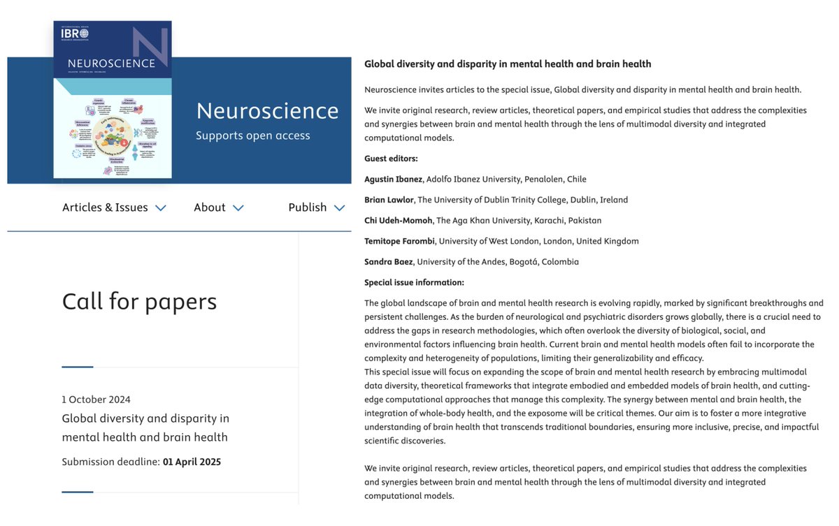 Agustin Ibañez (@agustinmibanez) on Twitter photo 📢 Call for papers: Global Diversity and Disparity in Mental/Brain Health. At <a href="/IBROjournals/">IBRO Journals</a> Neuroscience, we are interested in research, reviews, or theoretical work on brain health diversity & disparities involving multimodal data, computational models, exposome, One Health, and 📢 Call for papers: Global Diversity and Disparity in Mental/Brain Health. At <a href="/IBROjournals/">IBRO Journals</a> Neuroscience, we are interested in research, reviews, or theoretical work on brain health diversity & disparities involving multimodal data, computational models, exposome, One Health, and