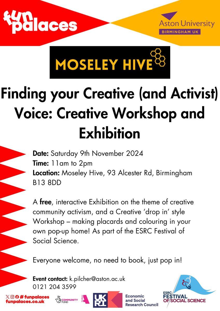Fun Palaces (@funpalaces) on Twitter photo Are you local to #Birmingham?
Find your Creative (and Activist) Voice <a href="/MoseleyHive/">Moseley Hive</a> for the <a href="/ESRC/">Economic and Social Research Council</a> #ESRCFestival!
We're holding free workshops on 9 November with <a href="/K_Pilch/">Dr Katy Pilcher</a> from <a href="/AstonSap/">Aston Sociology and Policy</a> <a href="/AstonPress/">Aston University PR</a>
Get all the details: festivalofsocialscience.com/events/finding…
Photo by <a href="/roswithachesher/">Roswitha Chesher</a> Are you local to #Birmingham?
Find your Creative (and Activist) Voice <a href="/MoseleyHive/">Moseley Hive</a> for the <a href="/ESRC/">Economic and Social Research Council</a> #ESRCFestival!
We're holding free workshops on 9 November with <a href="/K_Pilch/">Dr Katy Pilcher</a> from <a href="/AstonSap/">Aston Sociology and Policy</a> <a href="/AstonPress/">Aston University PR</a>
Get all the details: festivalofsocialscience.com/events/finding…
Photo by <a href="/roswithachesher/">Roswitha Chesher</a>