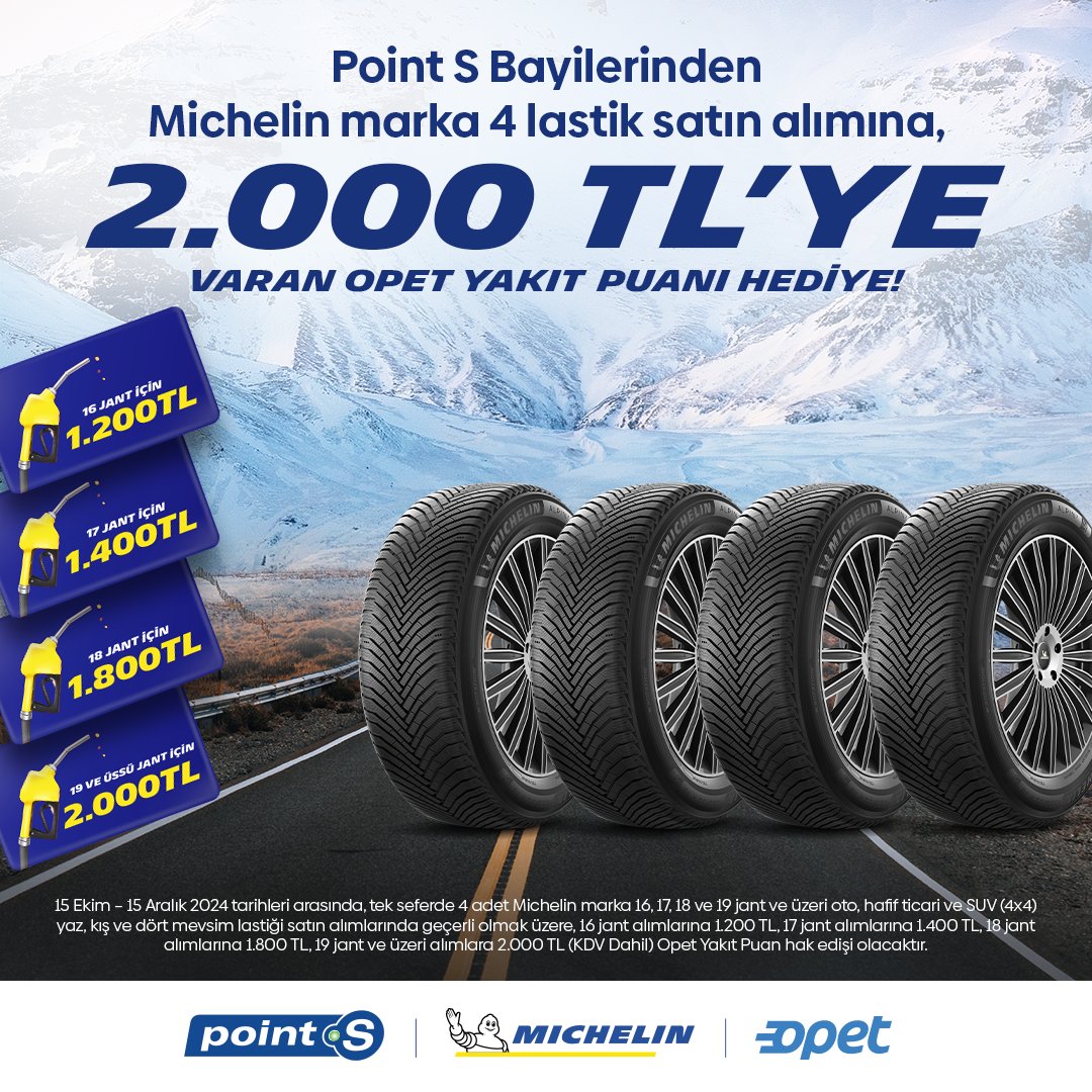 PointS_Turkiye's tweet photo. Point S’te Michelin lastiklerine özel fırsatlar sizleri bekliyor!
15 Aralık’a kadar, 16 jant ve üzeri tek seferde 4 adet yaz, kış veya dört mevsim lastik satın alarak,Opet’ten 2.000 TL’ye kadar yakıt puanı kazanma şansı elde edin!

Kampanya detayları için PointS bayisine uğrayın! https://t.co/OBOg4SPhYd