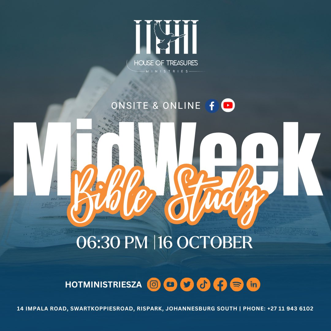 HoTMinistriesZA's tweet photo. MIDWEEK BIBLE STUDY
We hope to see this evening for our #MidweekBibleStudy. Invite your colleagues and friends and let us all be blessed. Don’t not forget your bible and notebook.
#HOTMinistriesZa
#MidweekBibleStudy
#GiantStrides https://t.co/t0Z5MiUIw1