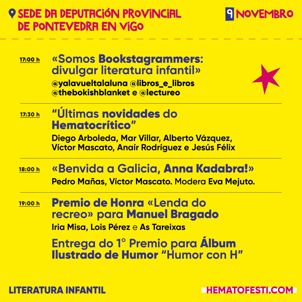 Presentámosvos esta xuntanza que pon no foco a literatura infantil con moitas das persoas que a fan posible. Charlas, talleres, sesións de contos e a entrega do Premio #HumorconH 🐸 Acompañádesnos?

🪿 #Hematofesti
✍️ Garda a data!
🎫 Entradas dispoñibles proximamente