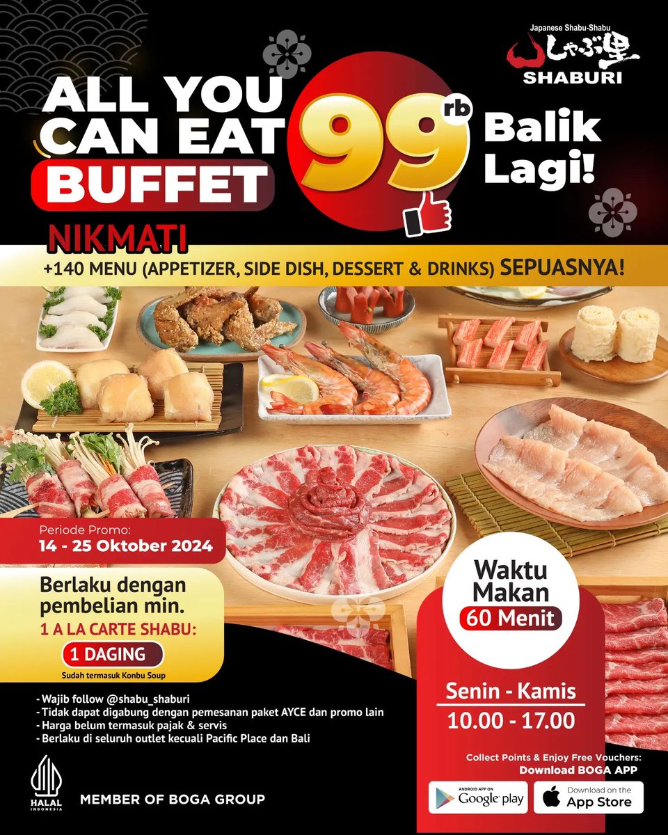 katalogpromosi's tweet photo. ๐ฅณ Promo Shaburi dan Kintan Buffet ALL YOU CAN EAT BUFFET cuma 50rb!
Sepuasnya mulai dari sushi, tempura, dessert, dan banyak lagi! Berlaku 14-25 Okt 2024. Let's makan puas bareng! ๐๐ด #PromoShaburiKintan #AYCEBuffet #50rbFeast
info selengkapnya, lihat langsung di sini https://t.co/vm9r1ppwU8
