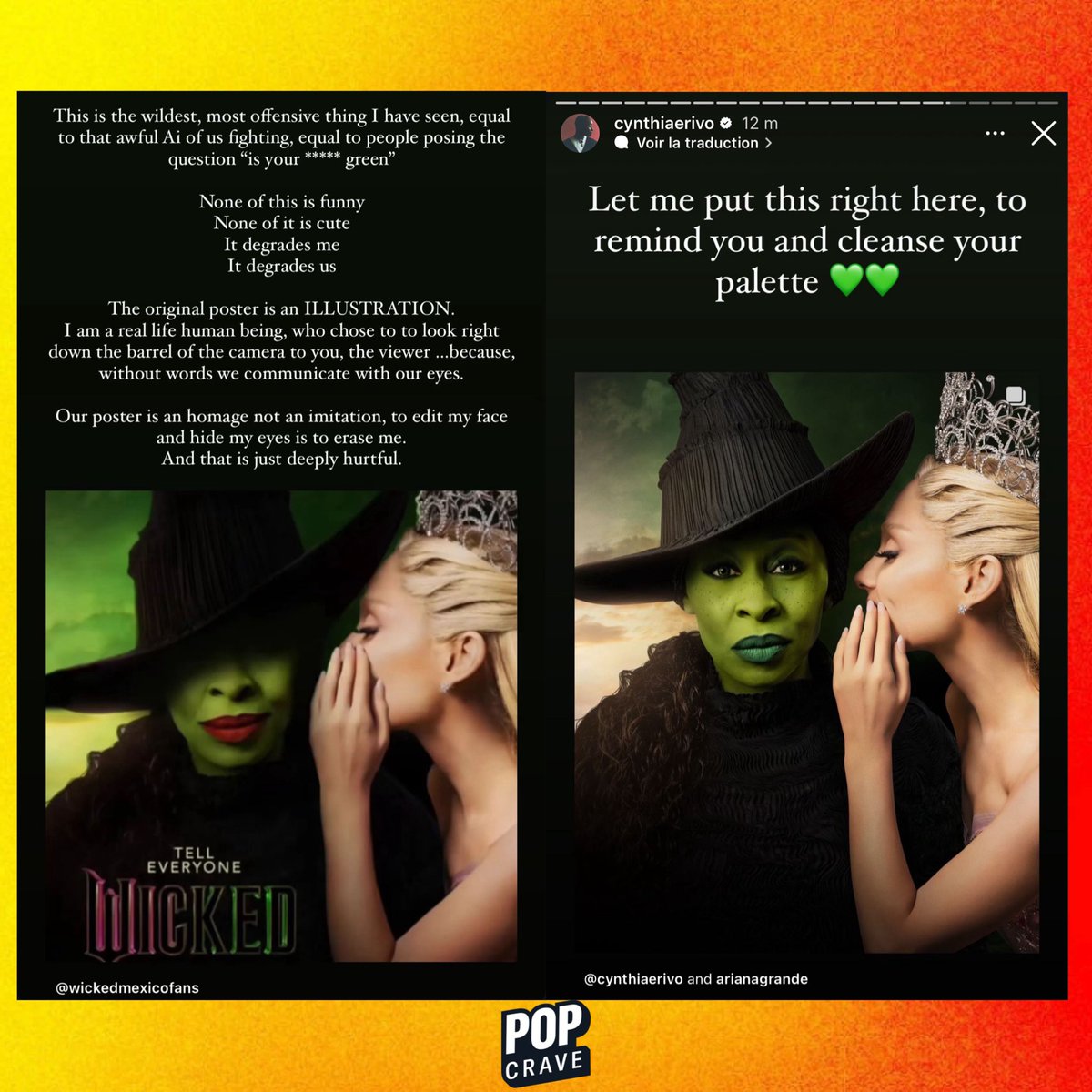 PopCrave's tweet photo. Cynthia Erivo reacts to edits of the ‘Wicked’ poster and the viral AI fighting animation:

“Our poster is an homage not an imitation, to edit my face and hide my eyes is to erase me. And that is just deeply hurtful.” https://t.co/R7jGz0Nxnx