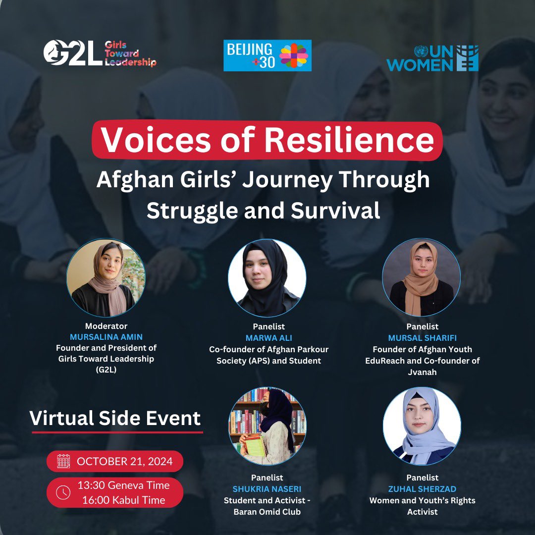 Girls Toward Leadership (G2L) is thrilled to announce its collaboration with UN Women, for the momentous #Beijing30 Regional Review, hosting a virtual side event during the Regional Review, focusing on the rights of Afghan girls. 
🔗 Register Here.
eventbrite.com/e/voices-of-re…