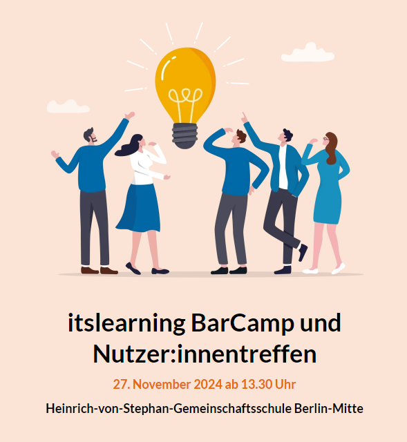 👩‍🏫 Let´s BarCamp 👩‍🏫

Die Heinrich-von-Stephan-Gemeinschaftsschule in Berlin-Mitte und itslearning laden Sie herzlich zum Fortbildungs-BarCamp in Berlin ein.

✍️Mehr Infos und zur Anmeldung geht's hier lang: eu1.hubs.ly/H0d3W0j0